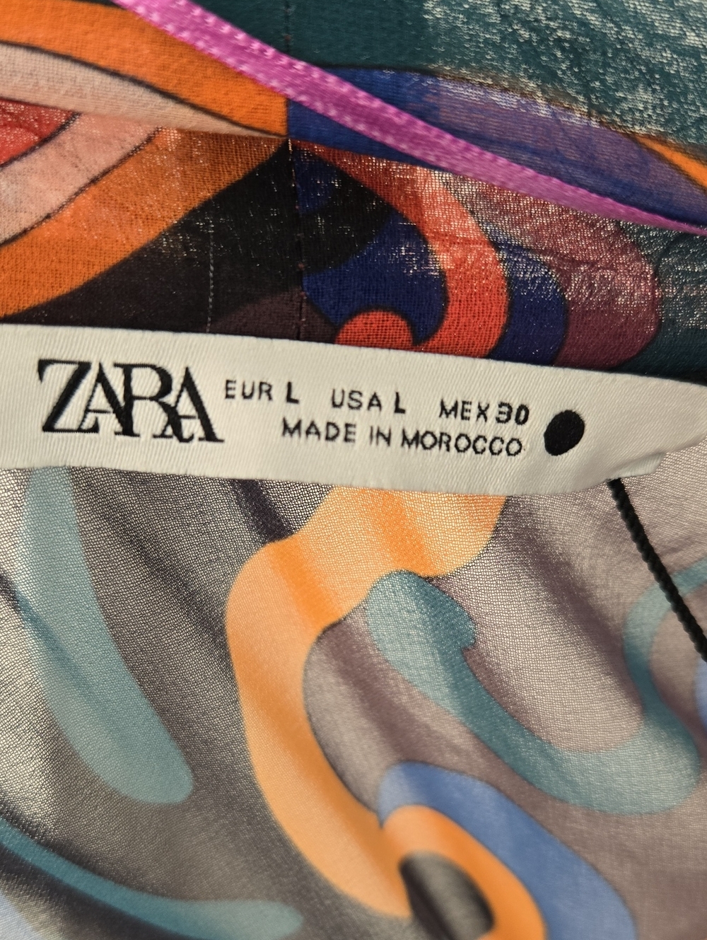 Zara Bright Multicolor Print Mini Blouson Dress Long Sleeves Neck Tie Fitted L - Picture 9 of 11